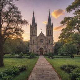 Generate a visually appealing poster featuring a serene, historic church at sunset amidst a lush landscape, adorned with gothic architecture and warm, welcoming light spilling from stained glass windows.