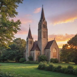 Generate a visually appealing poster featuring a serene, historic church at sunset amidst a lush landscape, adorned with gothic architecture and warm, welcoming light spilling from stained glass windows.