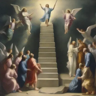 The story of Jacob's ladder in the Bible describes his vision of angels ascending and descending, representing a spiritual scaling between heaven and earth.