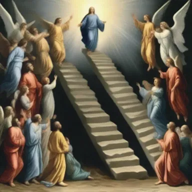 The story of Jacob's ladder in the Bible describes his vision of angels ascending and descending, representing a spiritual scaling between heaven and earth.