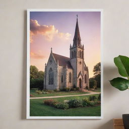 Generate a visually appealing poster featuring a serene, historic church at sunset amidst a lush landscape, adorned with gothic architecture and warm, welcoming light spilling from stained glass windows.