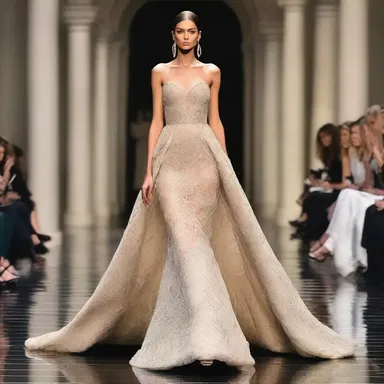 The designer showcased a stunning gown with intricate scaling on the bodice, resembling a ladder-like pattern that added a touch of elegance to the runway.