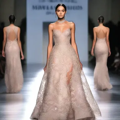 The designer showcased a stunning gown with intricate scaling on the bodice, resembling a ladder-like pattern that added a touch of elegance to the runway.
