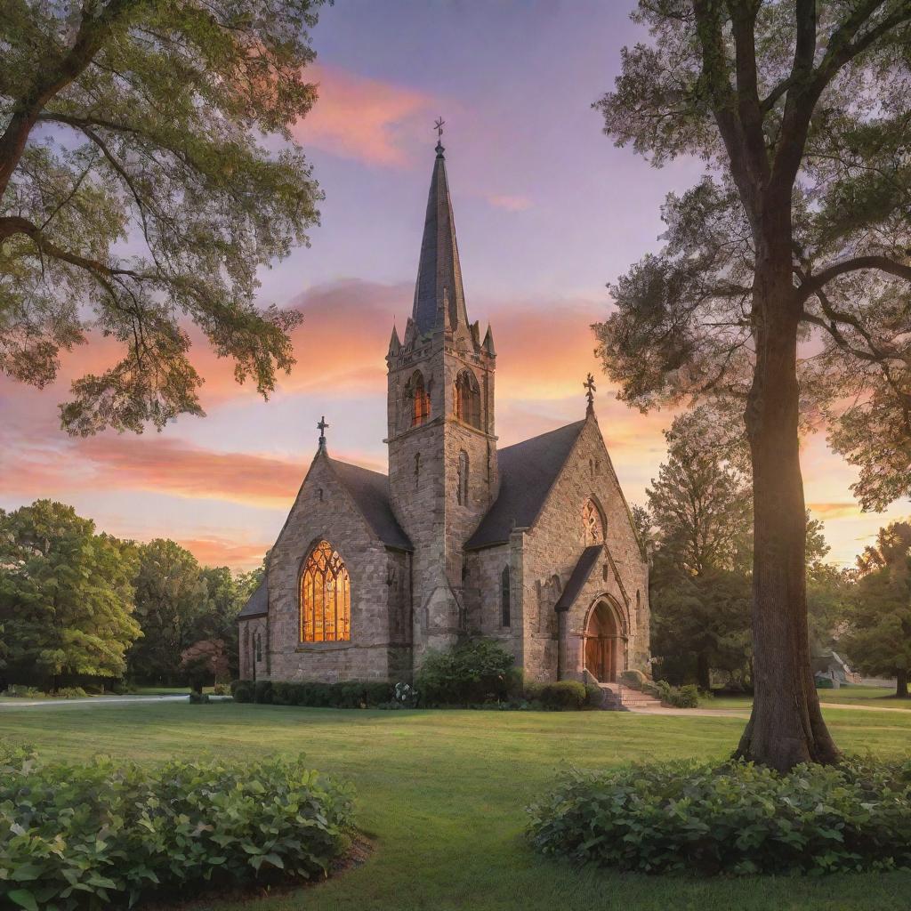 Generate a visually appealing poster featuring a serene, historic church at sunset amidst a lush landscape, adorned with gothic architecture and warm, welcoming light spilling from stained glass windows.