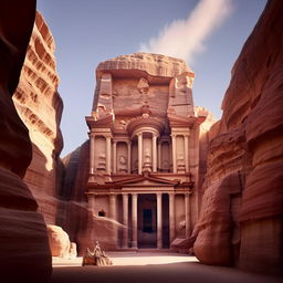 Photorealistic image of a monumental stone castle, resembling the style of Petra, elegantly carved into a sheer cliff face, captured in architectural photography style.