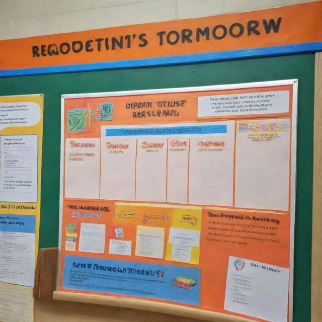 A vibrant and eye-catching notice on a school bulletin board announcing that school starts from tomorrow, adorned with relevant educational graphics and warm colors.