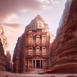 Photorealistic image of a monumental stone castle, resembling the style of Petra, elegantly carved into a sheer cliff face, captured in architectural photography style.