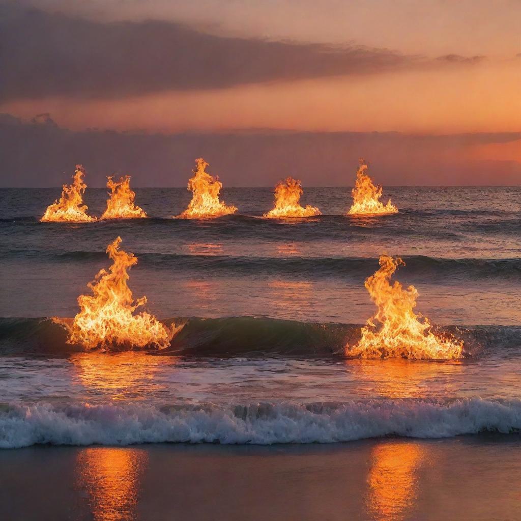 An expansive sea set ablaze with dancing flames under a sunset sky