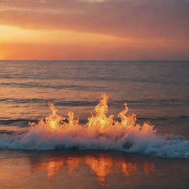 An expansive sea set ablaze with dancing flames under a sunset sky