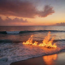 An expansive sea set ablaze with dancing flames under a sunset sky