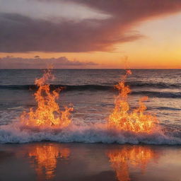 An expansive sea set ablaze with dancing flames under a sunset sky