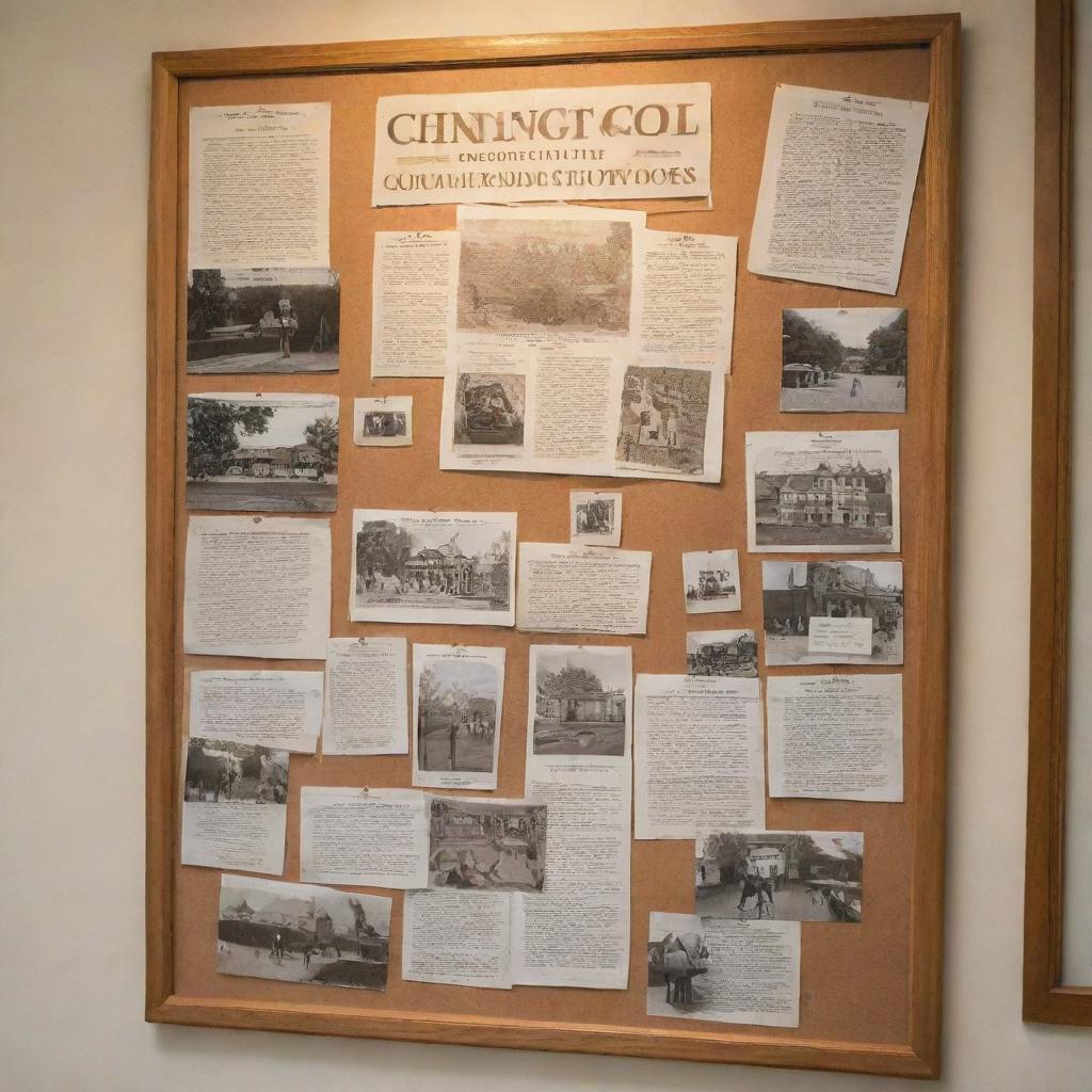 A notice board illuminated with warm light, displaying various souvenirs, photographs and a big text in the middle that reads 'Boarding School Starts Tomorrow'.