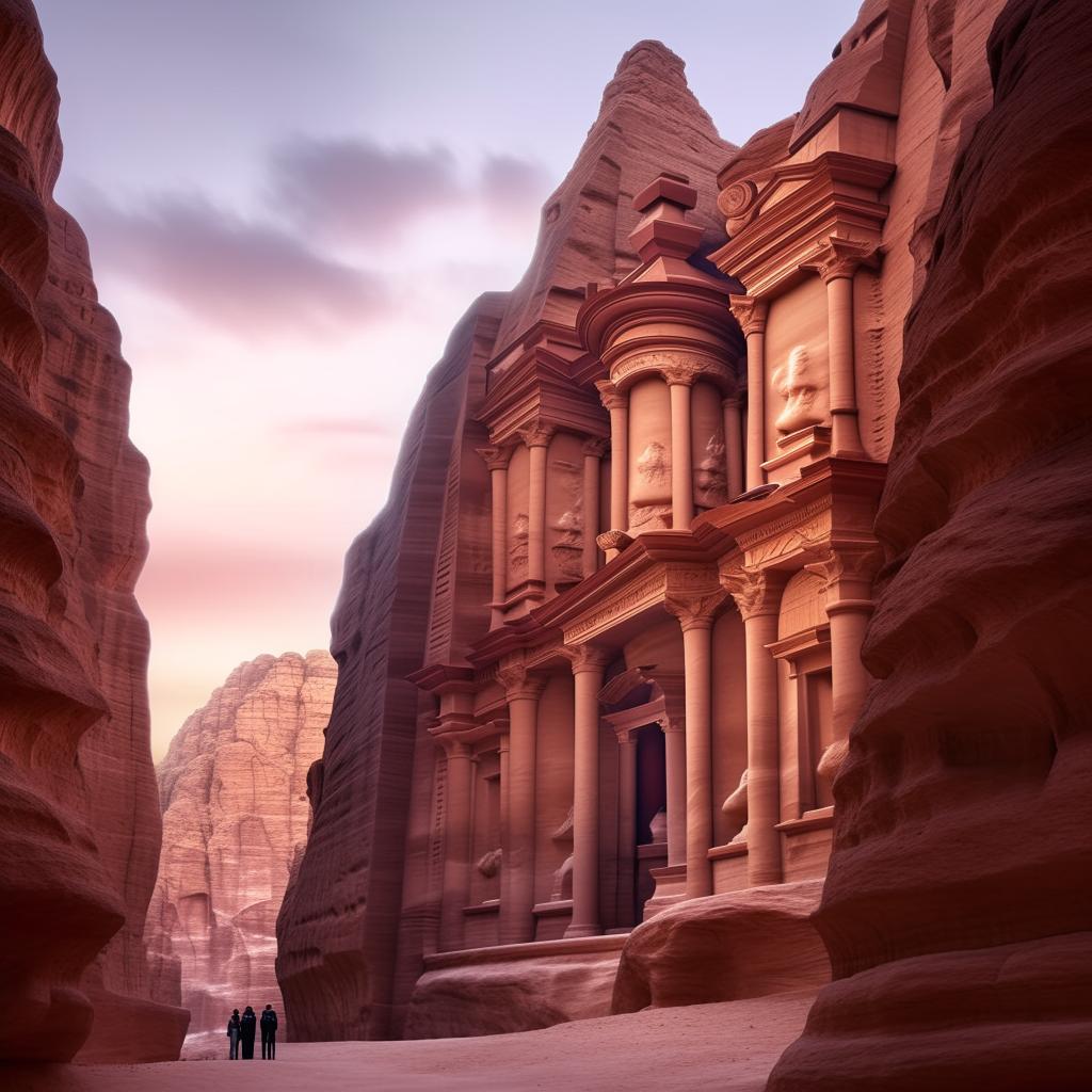 Photorealistic image of a monumental stone castle, resembling the style of Petra, elegantly carved into a sheer cliff face, captured in architectural photography style.