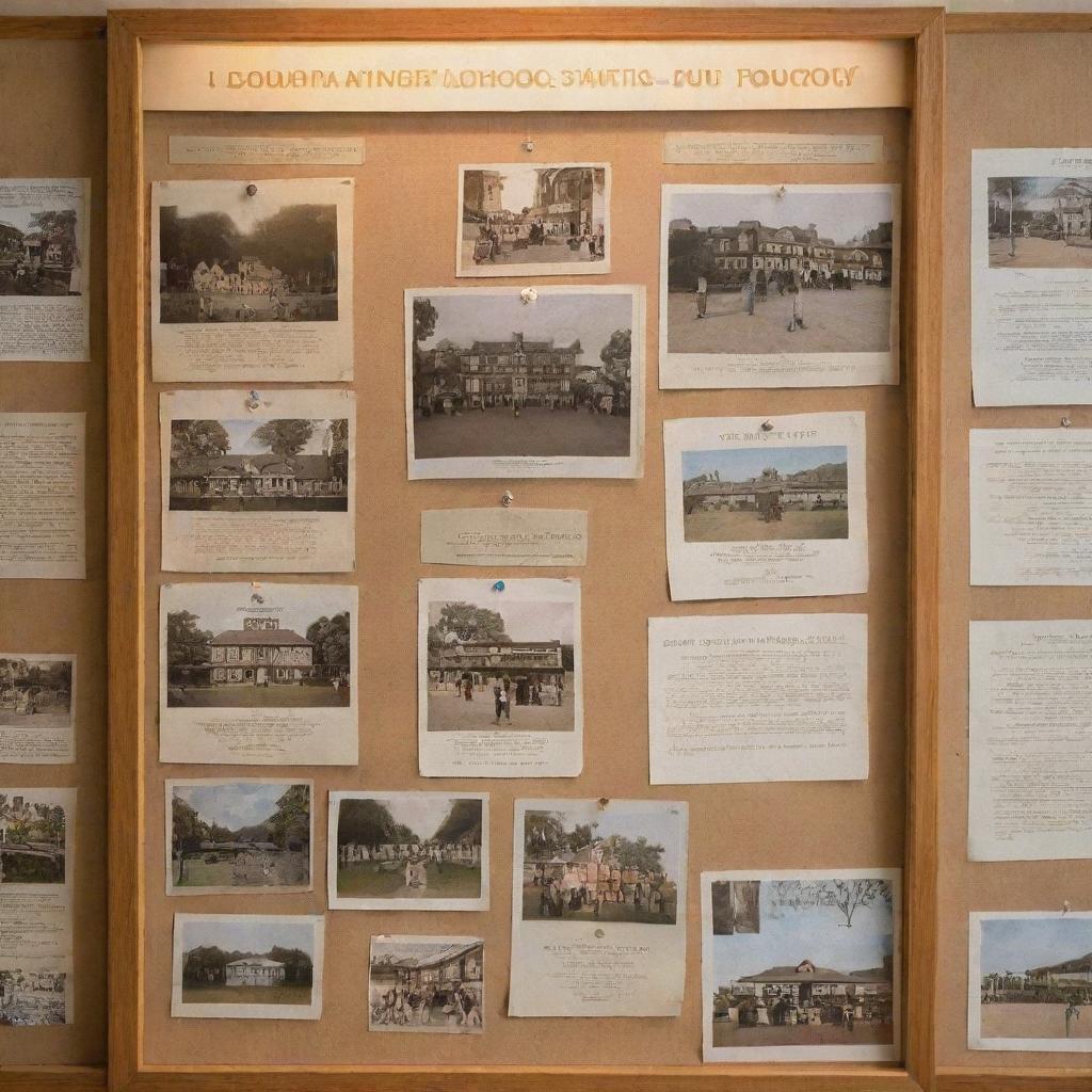 A notice board illuminated with warm light, displaying various souvenirs, photographs and a big text in the middle that reads 'Boarding School Starts Tomorrow'.