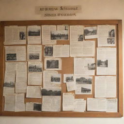 A notice board illuminated with warm light, displaying various souvenirs, photographs and a big text in the middle that reads 'Boarding School Starts Tomorrow'.