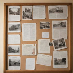 A notice board illuminated with warm light, displaying various souvenirs, photographs and a big text in the middle that reads 'Boarding School Starts Tomorrow'.