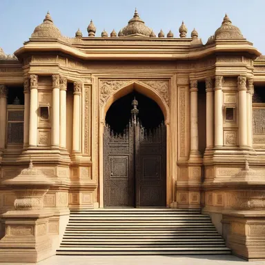 The grand entrance of the palace featured a powerful and majestic sceptered gate.