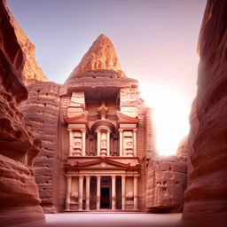 Photorealistic image of a monumental stone castle, resembling the style of Petra, elegantly carved into a sheer cliff face, captured in architectural photography style.