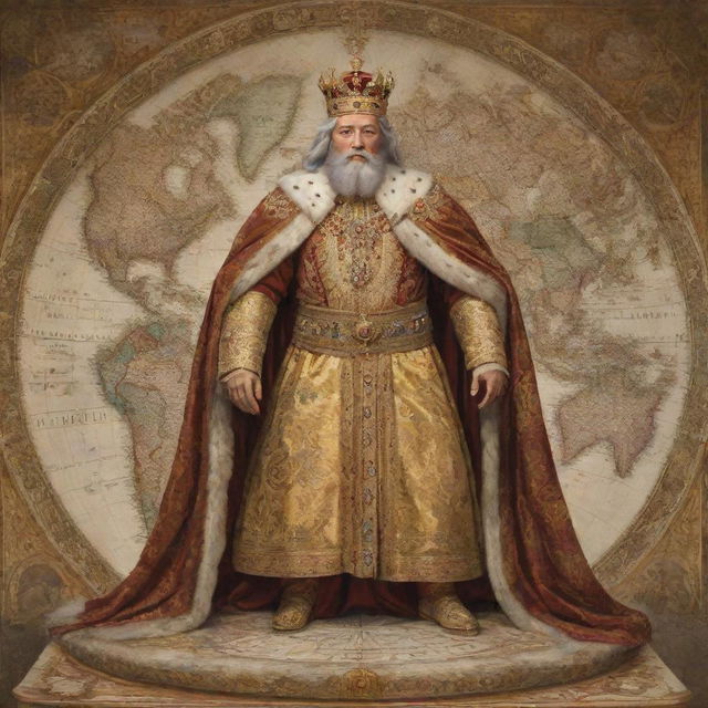 A majestic figure, radiating authority and power, with a grand, golden crown adorned with jewels. He is garbed in royal robes, standing on top of a globular world map.