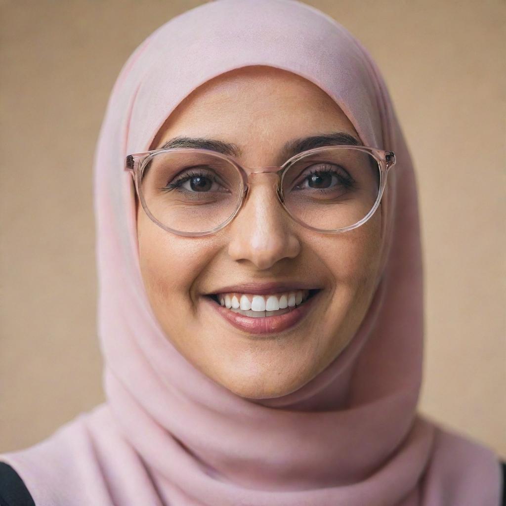 A portrait of a woman wearing a hijab and glasses, beaming with a radiant smile