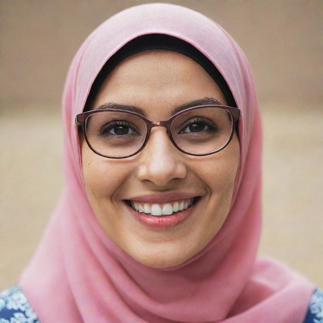 A portrait of a woman wearing a hijab and glasses, beaming with a radiant smile