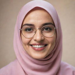 A portrait of a woman wearing a hijab and glasses, beaming with a radiant smile