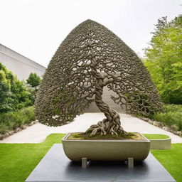 Architectural photography style image of an intricate concrete sculpture meticulously shaped like a bonsai tree.