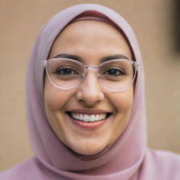 A portrait of a woman wearing a hijab and glasses, beaming with a radiant smile