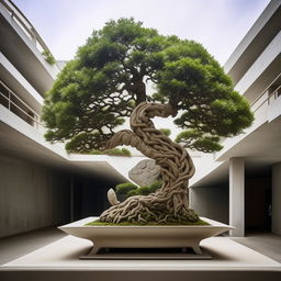 Architectural photography style image of an intricate concrete sculpture meticulously shaped like a bonsai tree.