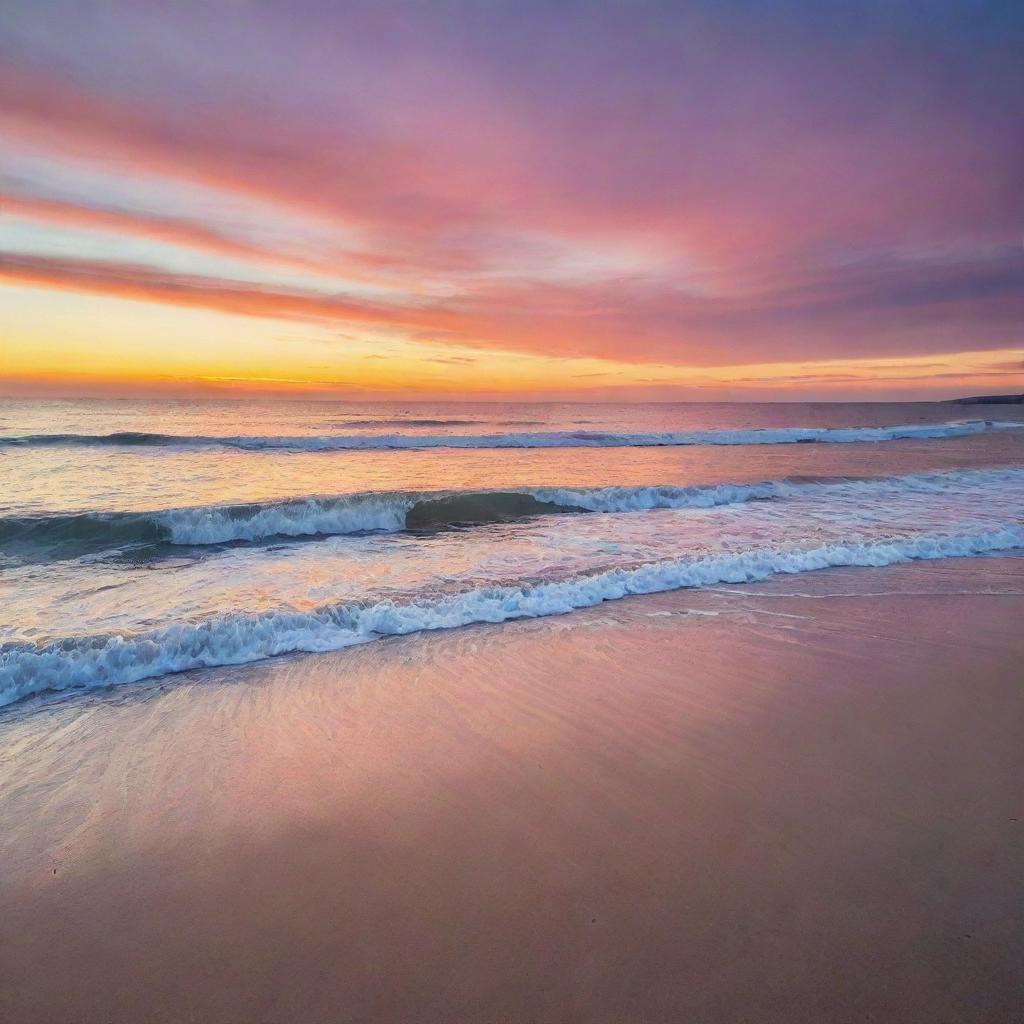 A tranquil sea under the blanket of a vibrant sunset, with gentle waves lightly brushing the sandy beach.