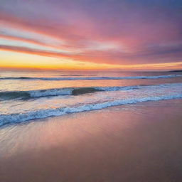 A tranquil sea under the blanket of a vibrant sunset, with gentle waves lightly brushing the sandy beach.