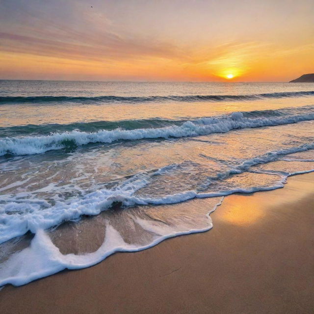 A tranquil sea under the blanket of a vibrant sunset, with gentle waves lightly brushing the sandy beach.