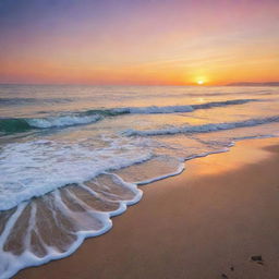 A tranquil sea under the blanket of a vibrant sunset, with gentle waves lightly brushing the sandy beach.