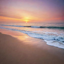 A tranquil sea under the blanket of a vibrant sunset, with gentle waves lightly brushing the sandy beach.