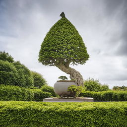 Architectural photography style image of an intricate concrete sculpture meticulously shaped like a bonsai tree.