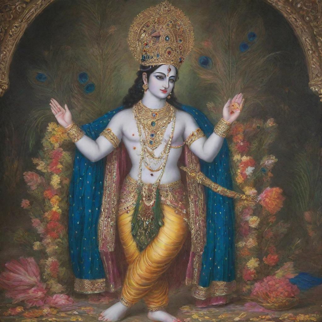 Lord Krishna in elegant attire, with a crown adorned with peacock feathers, humbly worshipping at the feet of Radha Rani, who is beautifully decorated with traditional attire.