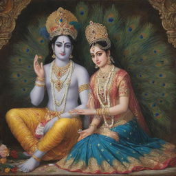 Lord Krishna in elegant attire, with a crown adorned with peacock feathers, humbly worshipping at the feet of Radha Rani, who is beautifully decorated with traditional attire.