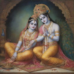 Lord Krishna in elegant attire, with a crown adorned with peacock feathers, humbly worshipping at the feet of Radha Rani, who is beautifully decorated with traditional attire.