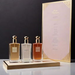 A sophisticated spray perfume store menu displaying different luxury perfume bottles, names of the fragrances, and price tags on elegant background