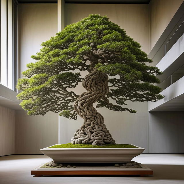 Architectural photography style image of an intricate concrete sculpture meticulously shaped like a bonsai tree.