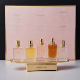 A sophisticated spray perfume store menu displaying different luxury perfume bottles, names of the fragrances, and price tags on elegant background