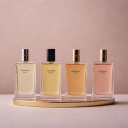 A sophisticated spray perfume store menu displaying different luxury perfume bottles, names of the fragrances, and price tags on elegant background