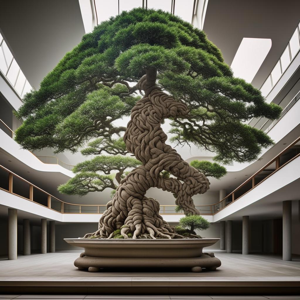 Architectural photography style image of a grand, detailed concrete sculpture artistically fashioned to resemble a majestic bonsai tree.