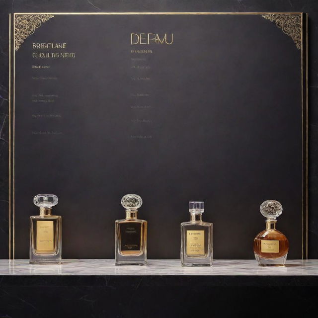 A sophisticated and elegant perfume store menu showcasing various luxury perfume bottles with their respective names and prices on a stylish background