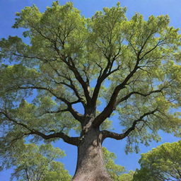 A majestic, towering tree with vibrant green leaves under a clear blue sky