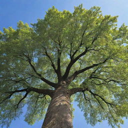 A majestic, towering tree with vibrant green leaves under a clear blue sky