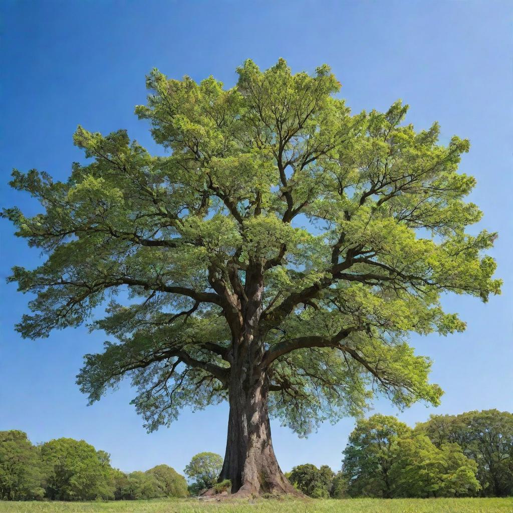 A majestic, towering tree with vibrant green leaves under a clear blue sky