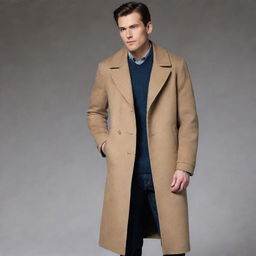 A man wearing a slim, long overcoat