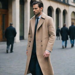 A man wearing a slim, long overcoat