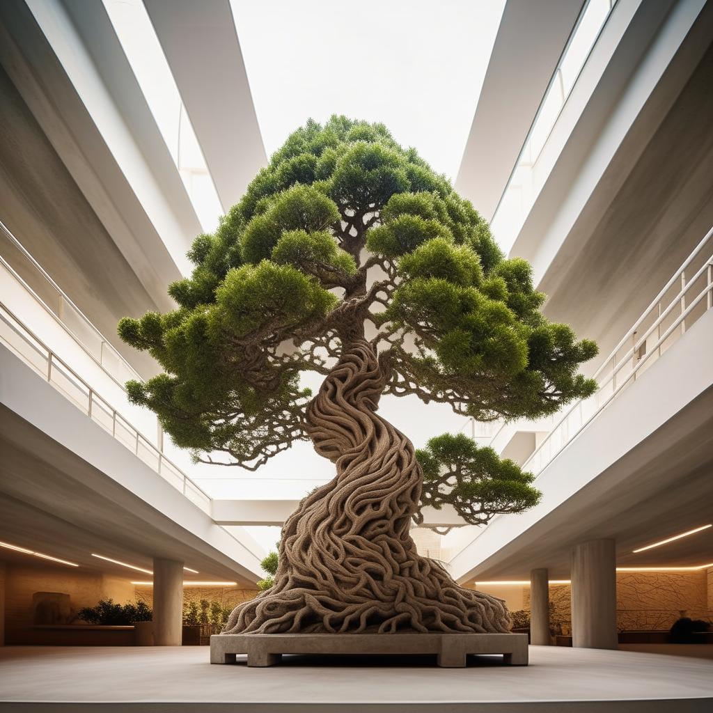 Architectural photography style image of a grand, detailed concrete sculpture artistically fashioned to resemble a majestic bonsai tree.